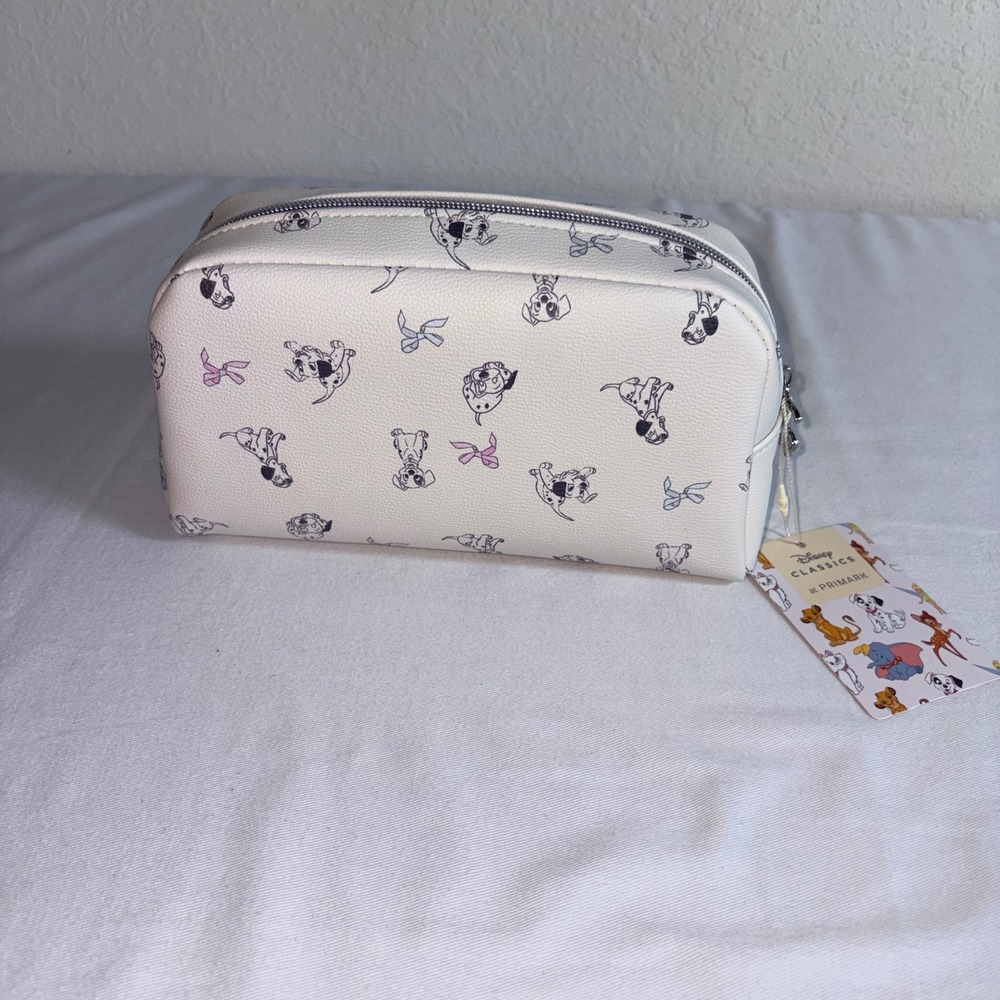 Disney Primark 101 Dalmatians Makeup Bag New Cream Puppy Print Bows Zip Pouch - Picture 4 of 11